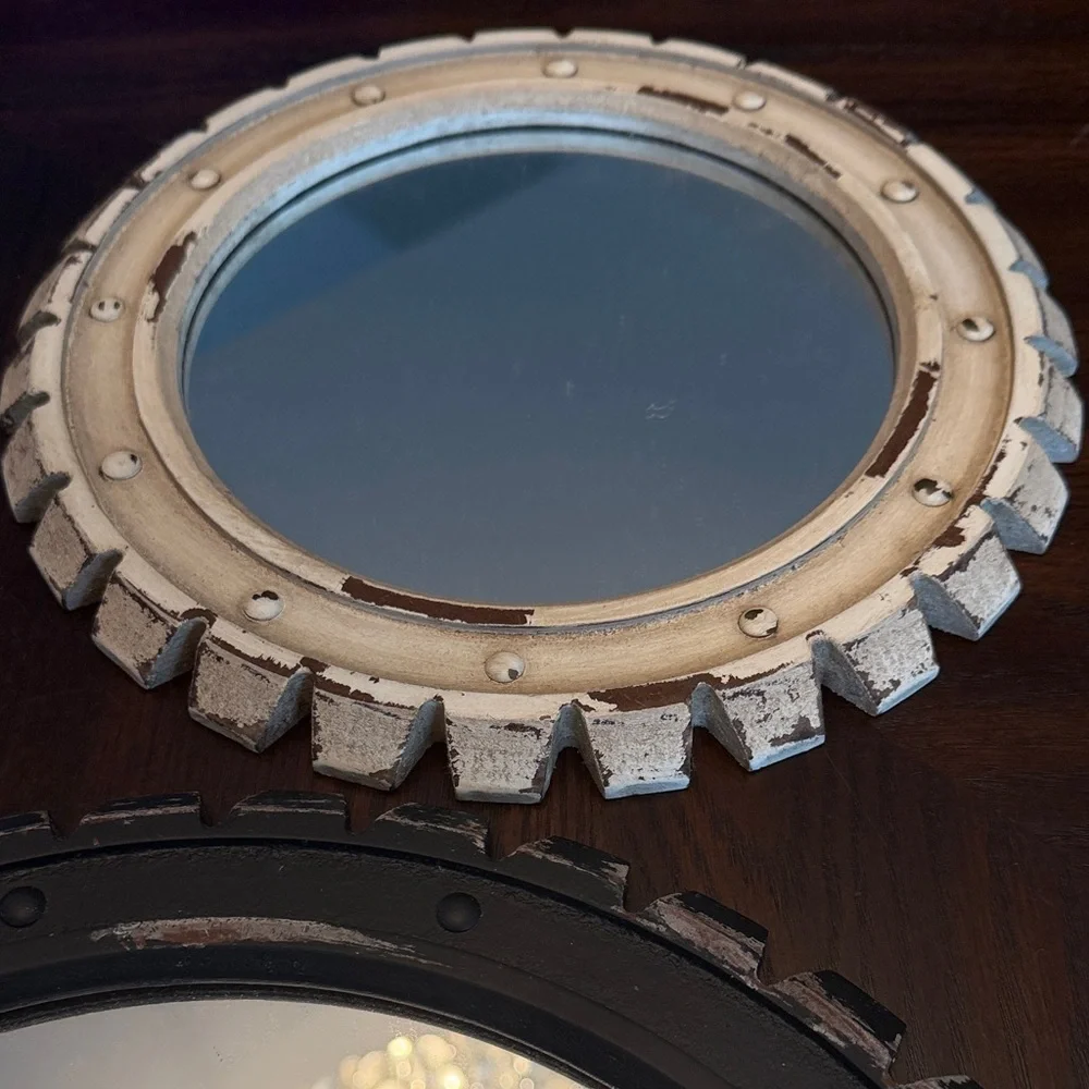 Set of Three Gear-Edge Wall Mirrors in Black and Cream